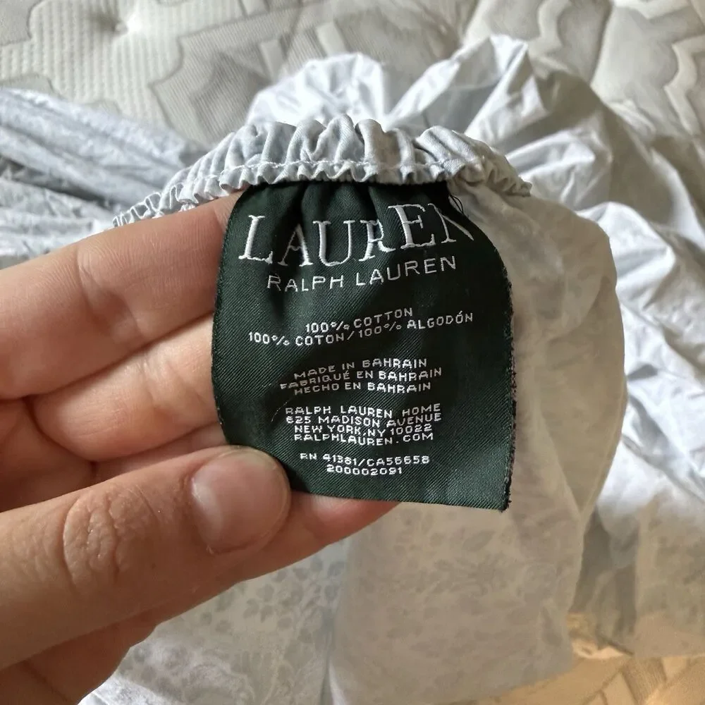 Lauren Ralph Lauren Queen Blue White Damask Fitted & Top Sheet Set 100% Cotton